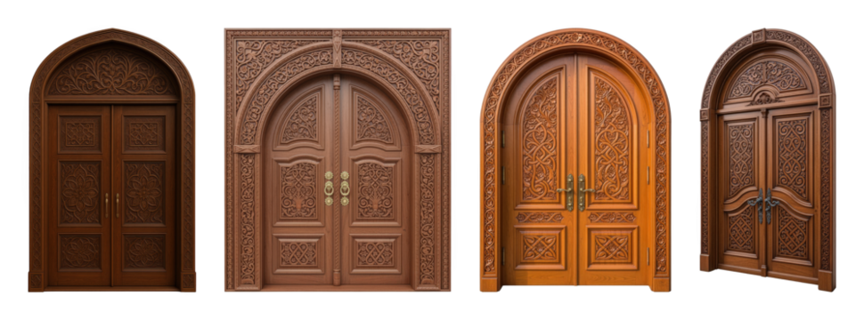 Carved wooden door set including ornate arched double doors in various wood tones isolated. Architectural elements for design.