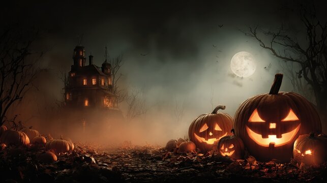 halloween background with pumpkins and haunted house halloween background with evil pumpkin spooky scary dark night forrest holiday event halloween banner background concept