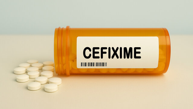 Box of CEFIXIME tablets on a hospital pharmacy table used to treat bacterial infections a cephalosporin antibiotic.