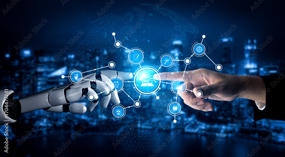 Poster conceptual image showcasing the interaction between artificial intelligence and humans, with a robot