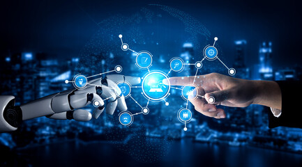 Fototapeta premium Conceptual image showcasing the interaction between artificial intelligence and humans, with a robotic hand reaching towards a human hand against an urban landscape backdrop. Tessel