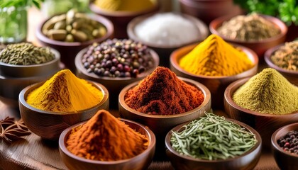A Vibrant Array Of Spices And Herbs Are Displayed In Small Wooden Bowls