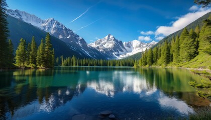 A Tranquil Painting Depicting A Serene Mountain Lake Surrounded By Majestic Snow Capped Mountains And Lush Green Trees Reflecting Nature S Beauty And Calmness