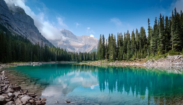 A Tranquil Mountain Lake With Crystal Clear Turquoise Water And A Rocky Shore Lined With Evergreen Trees The Peaceful Reflection Of The Forest And Distant Misty Mountains Creates A Serene Atmosphere