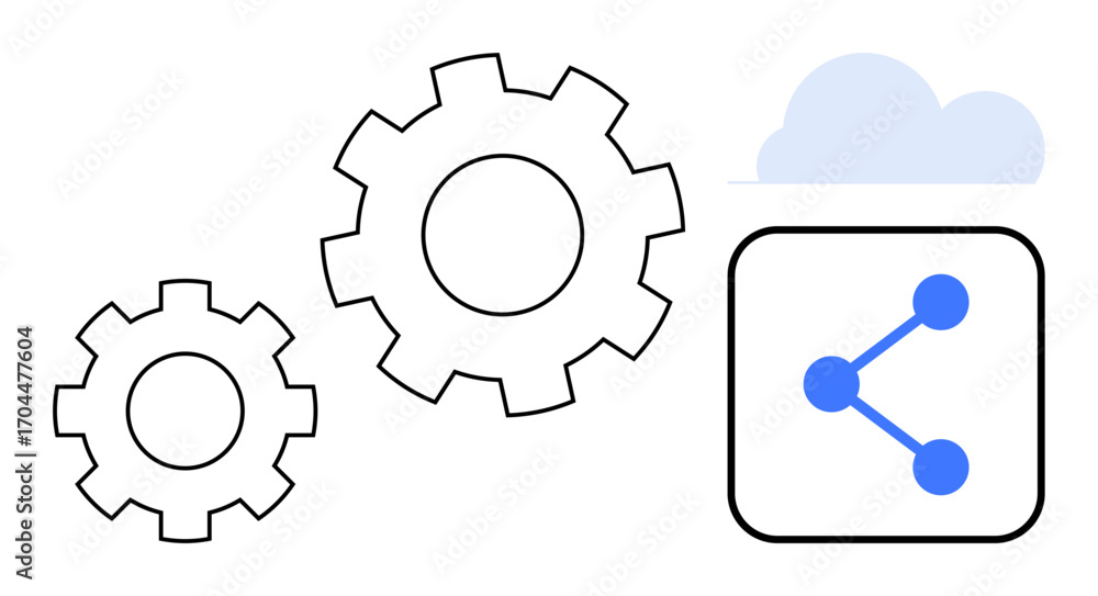 Poster intersecting gears, cloud element, and connected network icon symbolizing innovation, teamwork, and 