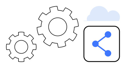 Intersecting gears, cloud element, and connected network icon symbolizing innovation, teamwork, and digital transformation. Ideal for technology, collaboration, automation, development process