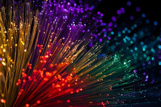 Colorful strands of light radiate from a central point against a dark background