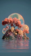 Surreal floating island with vibrant flora, translucent spheres, and calm water reflection
