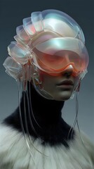 Futuristic cyborg woman with holographic visor and iridescent cranial implant wears luxurious fur