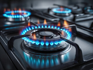 Blue flames burning on a modern stainless steel gas stove burner in a contemporary kitchen setting with selective focus and reflections on the surface