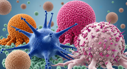 A vibrant, microscopic view of diverse spherical and spiky cells, some with tentacle-like appendages, floating in a fluid environment against a gradient blue background.