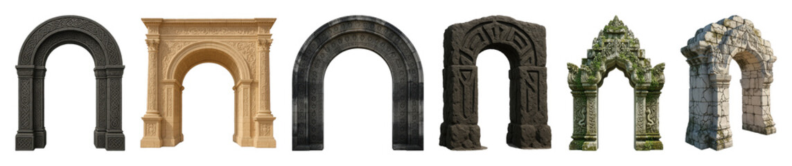 Stone arch set including Celtic, ornate, ancient, fantasy, and weathered designs isolated. Architectural elements for design projects.