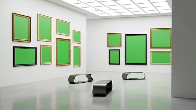 Empty art gallery with green screen frames ready for custom artwork, modern interior