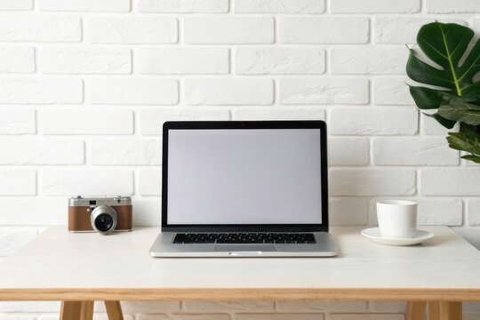 Modern laptop setup with vintage camera and plant on white brick wall desk - Powered by Adobe