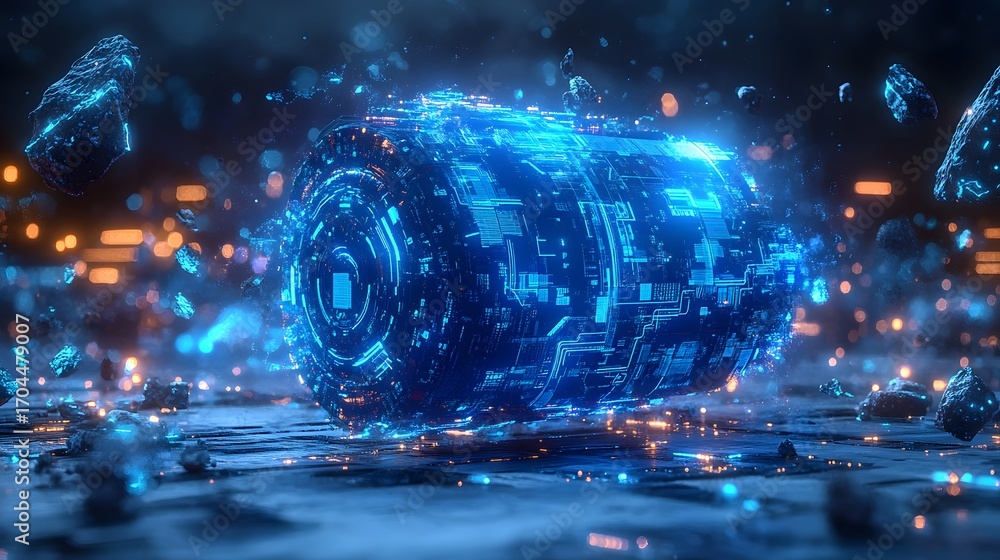 Poster a futuristic, glowing, cylindrical object with intricate circuit patterns rests on a surface surroun