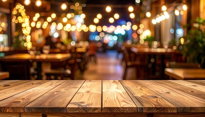 Wooden table foreground with a blurred restaurant scene of lights and tables in the background