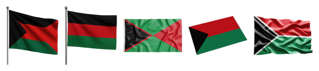 Black and red flags set including striped, star, diagonal, and waving designs isolated. Cultural heritage and identity symbols.
