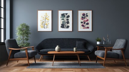 Fototapeta premium midcentury home interior design for a modern living room featuring a dark grey sofa and chair against a grey wall with three art frames generative ai