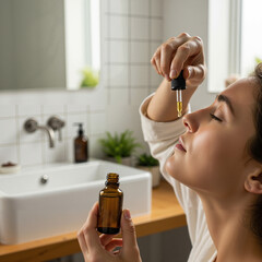 Fototapeta premium Ayurveda. Oil Application A clean, well-lit lifestyle shot of someone applying 2-3 drops of Ayurvedic oil into their nostrils, head tilted back.