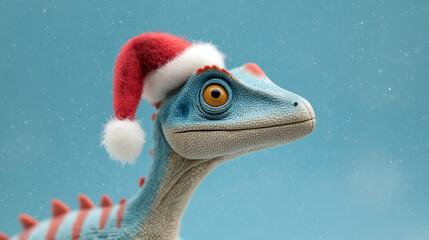Blue dinosaur figure wearing Santa hat in falling snow on blue background.