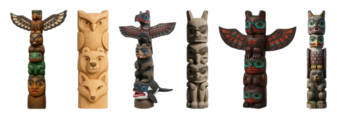 Indigenous totem pole set including carved wooden, painted, and natural finished figures isolated. Cultural art and spiritual symbols collection.