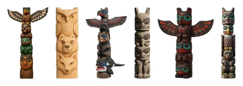 Indigenous totem pole set including carved wooden, painted, and natural finished figures isolated. Cultural art and spiritual symbols collection.