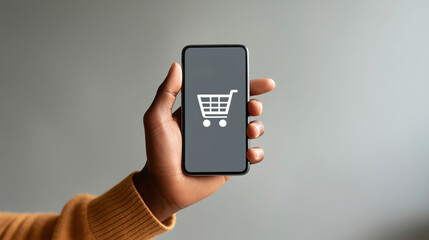 Hand of adult male holding smartphone with shopping cart icon on screen.
