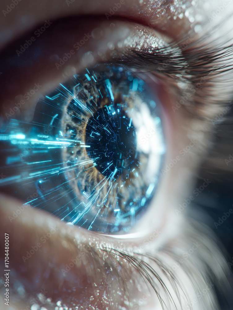 Poster macro shot of human eye with futuristic digital holographic light effects representing advanced tech