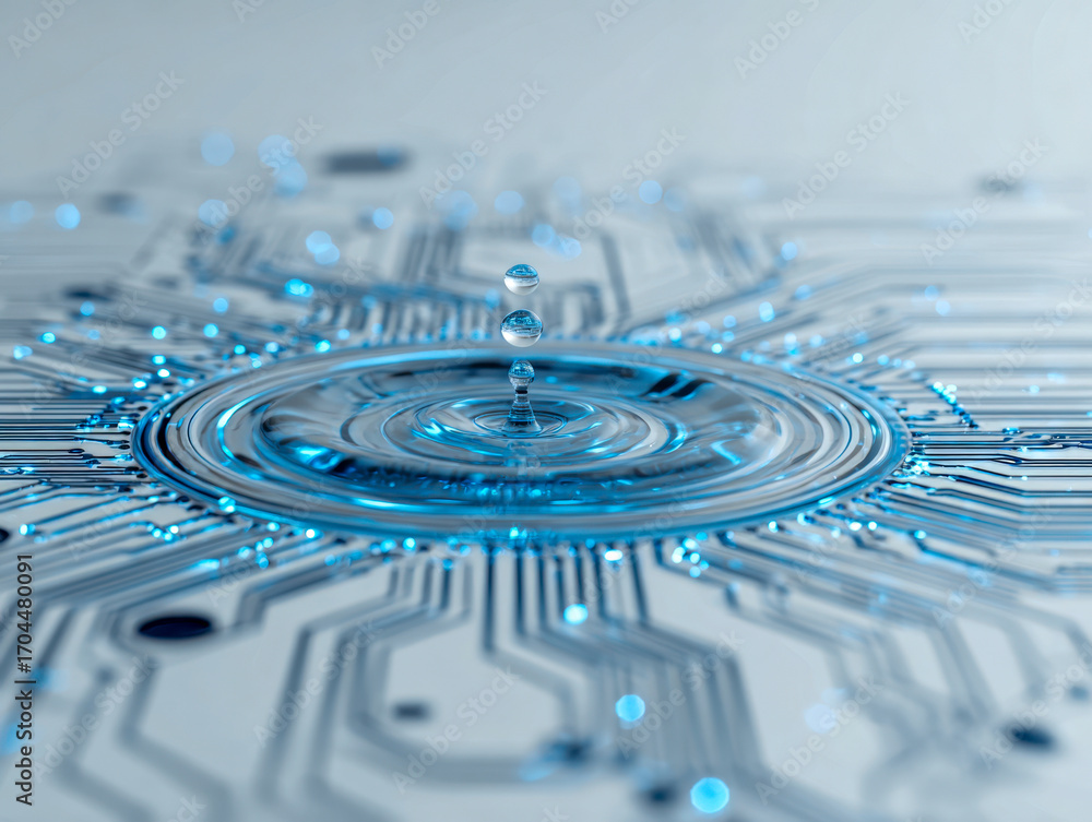 Poster conceptual image of digital technology integration with water droplet ripple effect representing con