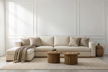 Modern beige sectional sofa with decorative pillows and coffee tables in a sunlit room