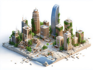  Detailed 3D Render of a Dystopian Overgrown City in Ruins