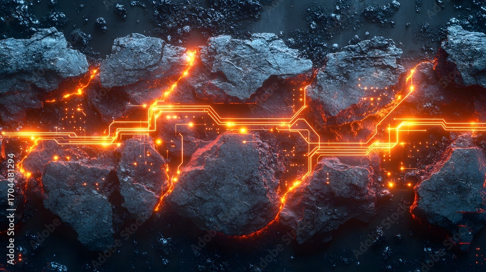 Poster intricate circuit patterns illuminate a fractured rock face, showcasing a vibrant energy flow.