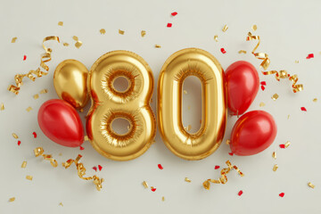 Festive golden number 80 balloons surrounded by vibrant red balloons and scattered gold and red confetti and curling ribbons on a light background celebrating a milestone event