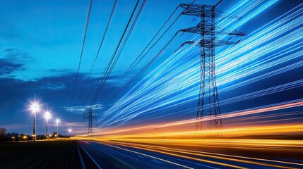 Power lines and light trails on highway at dusk