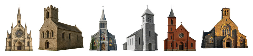 Fototapeta premium Churches set including various architectural styles, stone, and brick buildings isolated. Religious and historical architecture collection.