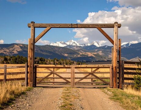 Rustic wooden gate entrance to a valley, mountains in background