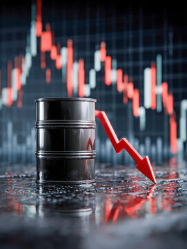 Black oil barrel with a red declining arrow and financial chart in the background symbolizing falling crude oil prices and market downturn trends