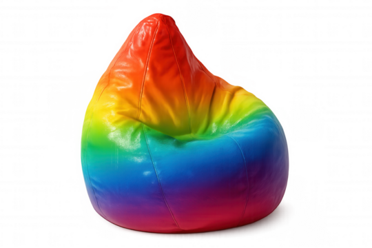 Vibrant rainbow-colored beanbag chair floating against transparent backdrop, symbolizing diversity and playful relaxation