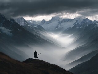A lone figure with a sword standing on a rocky outcrop overlooking a misty valley surrounded by mountains under a dramatic sky