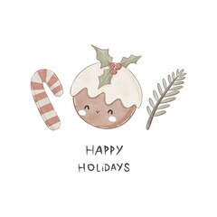 Cartoon Christmas cake, candy, fir branches, hand drawing lettering, décor elements. holiday theme. Colorful illustration, flat style. design for greeting cards, print, poster