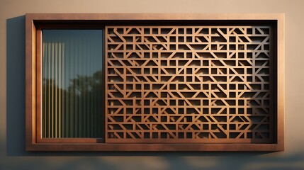Geometric wooden screen window with integrated glass panel offers privacy and light control