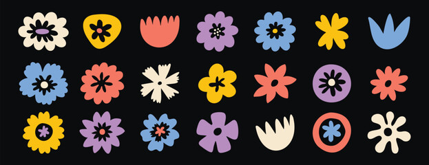 Naive daisy flowers clipart set with top view blooms and leaves. Hand drawn.