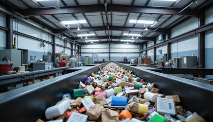 Medical waste sorting facility with procedures in action on an assembly line, industrial background, concept of waste management or recycling services