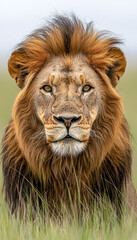 Obraz premium Majestic lion with a powerful gaze in the wild