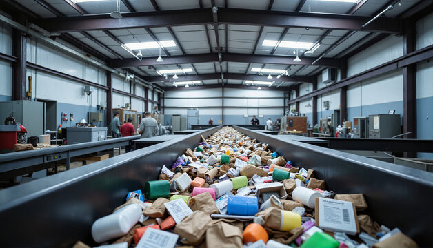 Medical waste sorting facility with procedures in action on an assembly line, industrial background, concept of waste management or recycling services