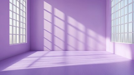 Empty lilac room with sunlight and window shadows