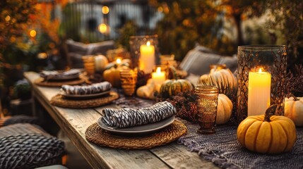 abstract company gathering and thanksgiving table setting outdoors with pumpkins and candles autumn home decor and outdoor picnic for relaxation and romantic endofyear events web banner design wit