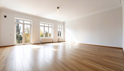Empty interior space with wooden floor and natural light with view outside through windows