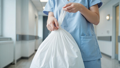 Naklejka premium Healthcare worker tying up medical waste bag in a sterile hospital corridor, hygiene and safety concept of waste management or healthcare facilities