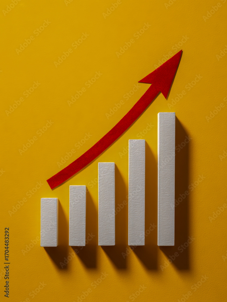 Poster conceptual image of a five-bar growth chart with a red arrow showing upward trend on a vibrant yello
